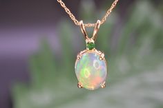 All our shipments are fully insured and have signature required upon receipt. Opal and Tsavorite Necklace in 14k Gold | Solid 14k Gold | Fine Jewelry | Free Shipping **FREE SHIPPING** **PAYMENT PLANS AVAILABLE** (Details found in our FAQ) Item Details: *Made to Order *Made with love in the USA *Gold KT: 14K *Custom Gold Color: White Gold, Yellow Gold, Rose Gold Gemstone Features: *Gemstone: Natural Opal *Gemstone Quality: A A A *Gemstone Shape: Oval *Gemstone Weight: 1.40ct *Setting Type: Prong Handmade Fine Jewelry, Ruby Pendant, Emerald Pendant, Sapphire Pendant, Custom Earrings, Sapphire Necklace, Solitaire Pendant, Gift For Wife