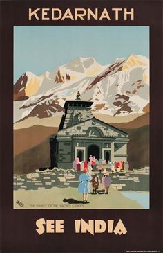 an old poster with people standing in front of a building and mountains behind it that reads see india