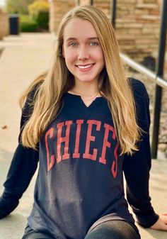 Junk Food Clothing Kansas City Chiefs Womens Black Sunday LS Tee - 11200412 Fall College V-neck Tops, Fall V-neck Tops For College, Food Clothes, Kc Chiefs, Team Names, Kansas City Chiefs, Junk Food, Team Spirit, Kansas City