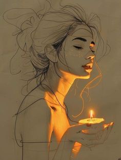 a drawing of a woman holding a lit candle