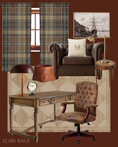 a collage of furniture and decor items including a chair, desk, lamp, clock