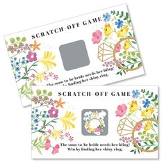 two tickets for the scratch - off game with flowers and birds on them, one is white