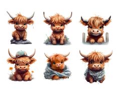 four different images of the same bull with horns on their heads, sitting down and looking at the camera