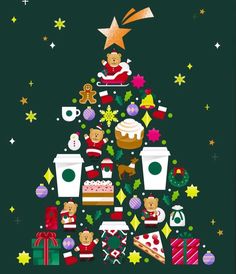 a christmas tree with teddy bears and other holiday items around it on a dark green background