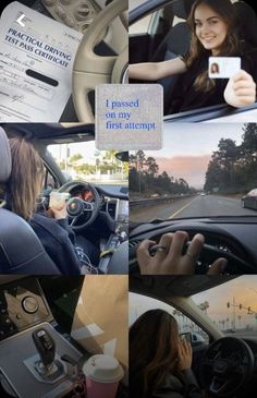 there is a collage of photos with people in the car