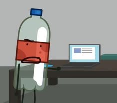 a cartoon character holding a water bottle in front of a laptop computer on a desk