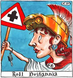 a drawing of a woman holding a red and white sign with an arrow on it