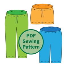 three different colored pants with the words pdf sewing pattern on them and an image of two