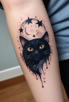 a black cat with yellow eyes and stars on it's arm