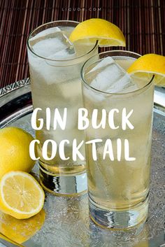 two glasses filled with gin and lemon on top of a metal tray