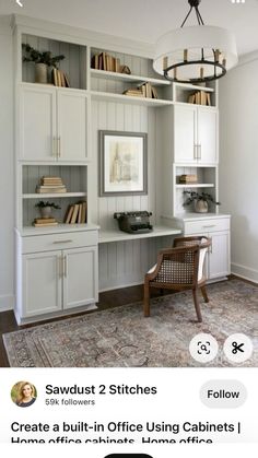 an image of a home office with built in bookshelves