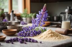 lavender flowers and flour on a kitchen counter