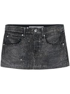 black crystal embellishment low-rise front button and zip fastening belt loops classic five pockets logo patch to the rear thigh-length straight hem Rhinestone Jean Skirt, Danielle Guizio Skirt, Sparkly Skirts, Cool Skirts, Alexander Wang Skirt, Pearl Skirt, Black Skirts, Silver Skirt, Sequin Mini Skirt