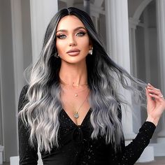 Category:Synthetic Wig; Gender:Women's; Wig Type:Natural Wigs; Occasion:Daily Wear; Age Group:Adults; Color Shade:Gradient; Hair Material:Synthetic Hair; Cap Construction:Machine Made; Texture:Natural Wave; Length:20 inch; Features:Fluffy,Fashion,Soft; Heat Resistant:Yes; Listing Date:04/26/2022; Cap Circumference:; Front to Back:; Nape of Neck:; Side to Side Across Forehead:; Side to Side Over Top:; Temple to Temple Across Back:; Hairstyle:Middle Part; Can Be Permed:No White And Black Hair Extensions, Pelo Ondulado Natural, Grey Wig, Short Grey Hair, Natural Wavy Hair, Black Gradient, Natural Wigs, Hair Color For Women, Grey Hair Color