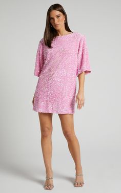 Valetta Mini Dress - Sequin low back shift dress in Pink Sequin Spring Sequin Dress With Contrast Sequin And Short Sleeves, Spring Sequin Dress With Contrast And Short Sleeves, Summer Dresses With Contrast Sequin And Short Sleeves, Spring Sequin Short Sleeve Dress For Night Out, Spring Short Sleeve Sequin Dress For Night Out, Pink 3/4 Sleeve Evening Dress, Pink Half-sleeve Evening Dress, Pink Evening Dress With 3/4 Sleeves, Pink Half Sleeve Evening Dress