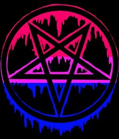 an inverted pentagramil on a black background with pink and blue drips in the center