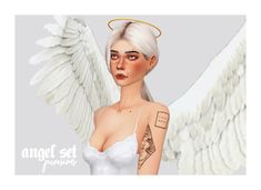 an angel with white hair and tattoos on her arm