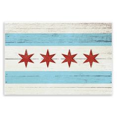 the chicago flag painted on wooden planks with stars in red and blue, as if it were made out of wood