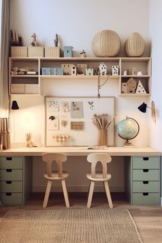 a desk with two chairs and shelves above it