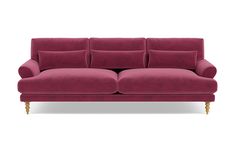 a pink couch with wooden legs on a white background