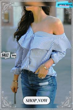 One Shoulder Regular Fit Striped Shirt Cheap Blue Horizontal Stripe Top, Striped Off-shoulder Fitted Top, Blue Horizontal Stripe Pattern Tops, Chic Striped 3/4 Sleeve Tops, Cheap Blue Horizontal Stripe T-shirt, Striped Shirt, One Shoulder, Best Deals