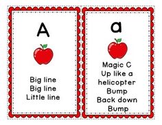 two red and white cards with words that spell out the letter a, b, c