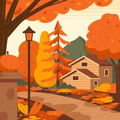 an autumn scene with houses and trees