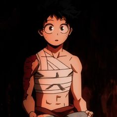 an anime character with bandages on his arm and chest, holding a plate in front of him