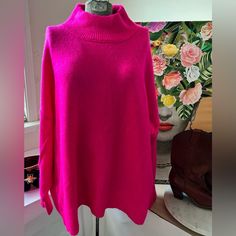 Nwt Crown & Ivy Mock Neck Deep Pink Sweater Sz. Xxl. Drop Sleeves, Pullover, Soft, Casual, Comfortable, Fall/Winter. Cozy, Vibrant Color Oversized High Neck Top For Winter, Oversized High Neck Cozy Top, Cozy Oversized High Neck Top, Pink Funnel Neck Sweater For Winter, Winter Funnel Neck Pink Sweater, Pink High Neck Top For Winter, Pink Winter Tops For Cold Weather, Cozy Pink Winter Tops, Neck Deep