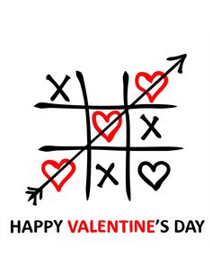 a valentine's day card with crosses, hearts and arrows in red ink on a white background