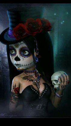 a woman wearing a top hat with roses on her head and holding a skull in her hand