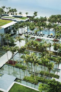 an aerial view of the resort and pool area with palm trees in the foreground