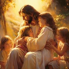 a painting of jesus hugging his children