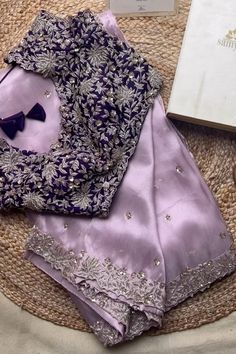 WhatsApp on 9496803123 to customise your handcrafted designer bridal wear with us online.  Book your appointment today. We do ship internationally. #amyrahbrides (Pics for reference) Blouse For Traditional Saree, Designer Sarees Blouse Designs, Lavender Saree Blouse Combination, Party Saree Look, Lavender Saree Contrast Blouse, Work Sarees Party Wear, Saree Combinations Color Combos, Party Wear Sarees Designer, Lavender Saree