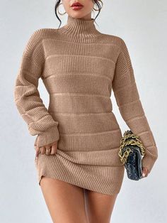 Solid Color Turtleneck Textured Knit Long Sleeve Sweater Dress Khaki Casual  Long Sleeve Knitted Fabric Plain  Slight Stretch  Women Clothing, size features are:Bust: ,Length: ,Sleeve Length: Textured Knit Sweater, Woolen Sweaters, Turtleneck Pullover, Sweater Dresses, Long Sleeve Sweater Dress, Sweater Dress Women, Knit Sleeve, Khaki Dress, Women Sweater