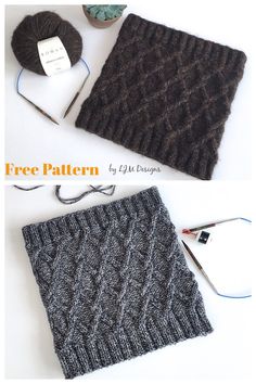 two pictures showing the same knitting pattern as they are being used to make a scarf