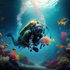 a scuba diver swimming in the ocean surrounded by fish