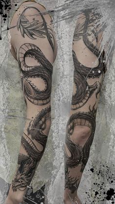 the legs and arms of a man with tattoos on them, both covered in black ink