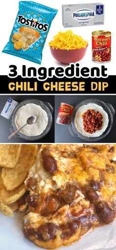 three ingredients for chili cheese dip with text overlay that reads 3 ingredient chili cheese dip