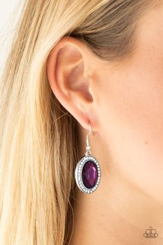 ONLY FAME IN TOWN - PURPLEAn oversized purple gem is pressed into the center of a silver frame radiating with glassy white rhinestones for a glamorous look. Earring attaches to a standard fishhook fitting.Sold as one pair of earrings.P5RE-PRXX-110XXORDERED 20 JUL 20 Fishhook Earrings, Glamorous Look, Purple Gems, Gem Earrings, Box Accessories, Purple Earrings, Purple Rhinestone, Oval Earring, Fish Hook Earrings