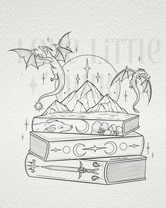 some books are stacked on top of each other with an umbrella and dragon flying above them