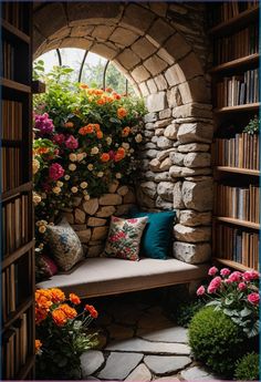 a window seat with flowers and books on the shelves in front of it is surrounded by stone walls