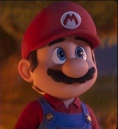 a close up of a nintendo character wearing overalls and a red hat with a moustache on his face