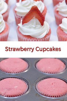 strawberry cupcakes with cream cheese frosting and strawberries on top in a muffin tin