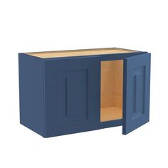 a blue cabinet with two doors and one door open to reveal the bottom section of the cabinet