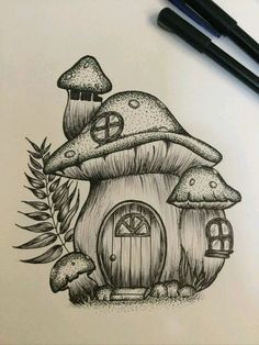 a drawing of a mushroom house with mushrooms on it