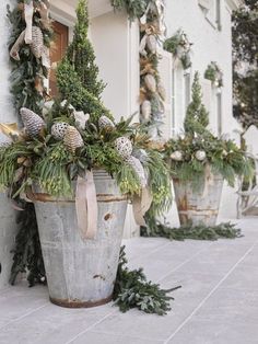 some potted plants sitting on the side of a building with pine cones and greenery