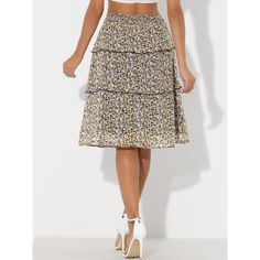 Inspired by a romantic style, this skirt will lend some feminine style to your look. Made of lightweight chiffon, a tiered ruffle hem, midi length, and floral printed patterns overall, it completes a vintage silhouette. This sweet floral skirt is designed with a floaty tiered ruffle hem and a smocked waist. Pair it with flats or heels for a pretty and sweet style. Knee-length Ruffled Skirt For Day Out, Casual Chiffon Skirt With Ruffles, Ruffle Skirt Black, Tiered Ruffle Skirt, Vintage Silhouette, Sweet Floral, Sweet Style, Romantic Style, Ruffle Skirt