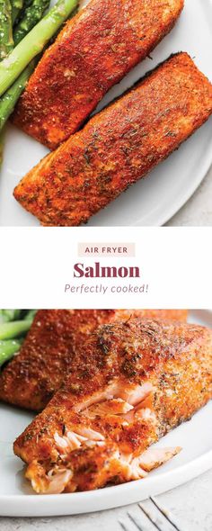 salmon and asparagus on a white plate with the title air fryer salmon perfectly cooked