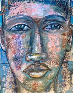 a painting of a man's face with intricate designs on his head and shoulders